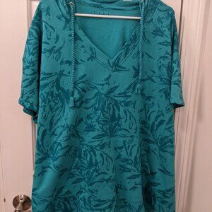 Lane Bryant LIVI NWT Womens Short Sleeve V Neck Hoodie Sz 22/24 Blue\Green